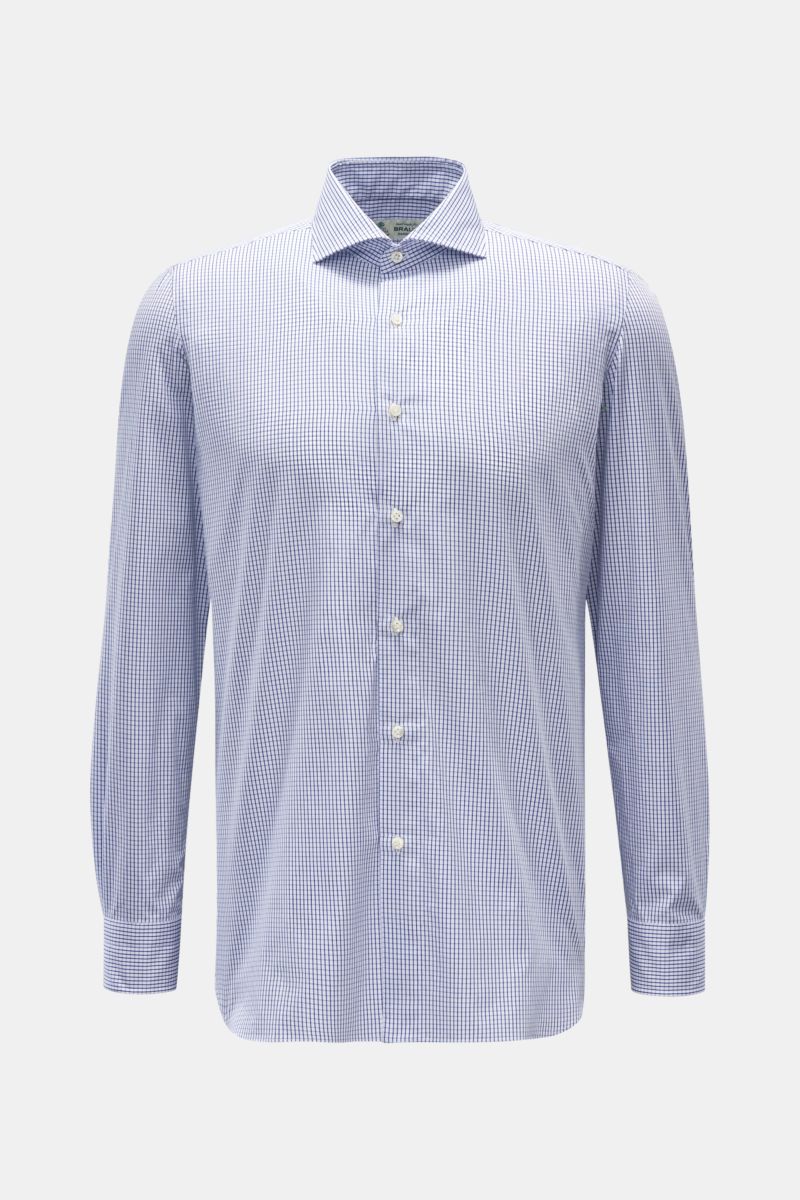 Borrelli Business Hemd 'Nando' Haifisch-Kragen navy/weiß kariert, Slim Fit, reine Baumwolle, weiche leichte Qualität, frontal fotografiert.