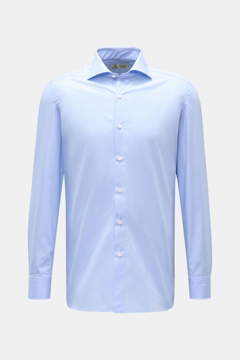 Borrelli Business Hemd 'Nando' Haifisch-Kragen hellblau/weiß kariert, Slim Fit, reine Baumwolle, glatter Griff, Frontansicht, klassische Sportmanschette.