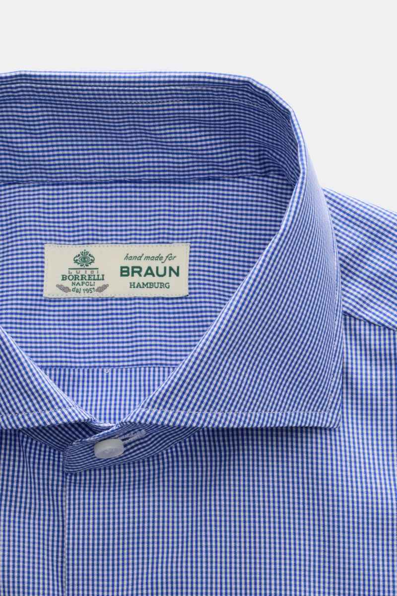Borrelli Business Hemd 'Nando' Haifisch-Kragen dunkelblau/weiß kariert, Popeline aus reiner Baumwolle, leichter Griff, Slim Fit, französische Knopfleiste.
