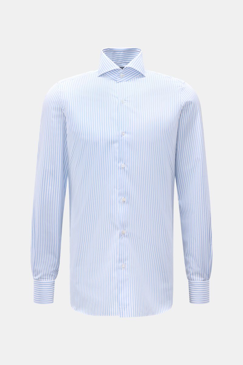 Finamore Business Hemd 'Sergio Napoli' Haifisch-Kragen hellblau/weiß gestreift, Popeline, Regular Fit, glatter Griff, extralange Ärmel, Sportmanschette, Frontansicht.