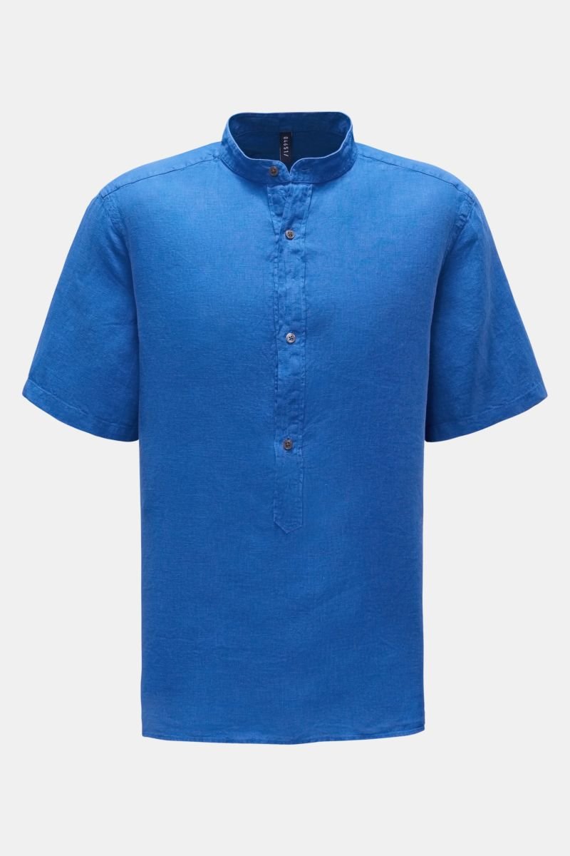 Popover-Kurzarmhemd 'Linen Guru' Grandad-Kragen blau
