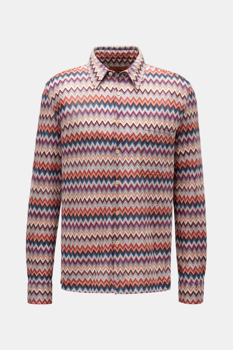 Knit shirt Kent collar beige/orange/burgundy patterned