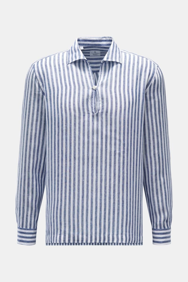 Linen popover shirt shark collar navy/off-white striped