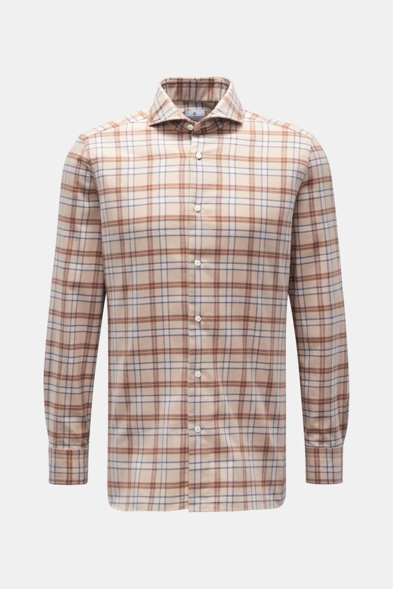 Giampaolo Flanellhemd Haifisch-Kragen beige/hellbraun/blau kariert
