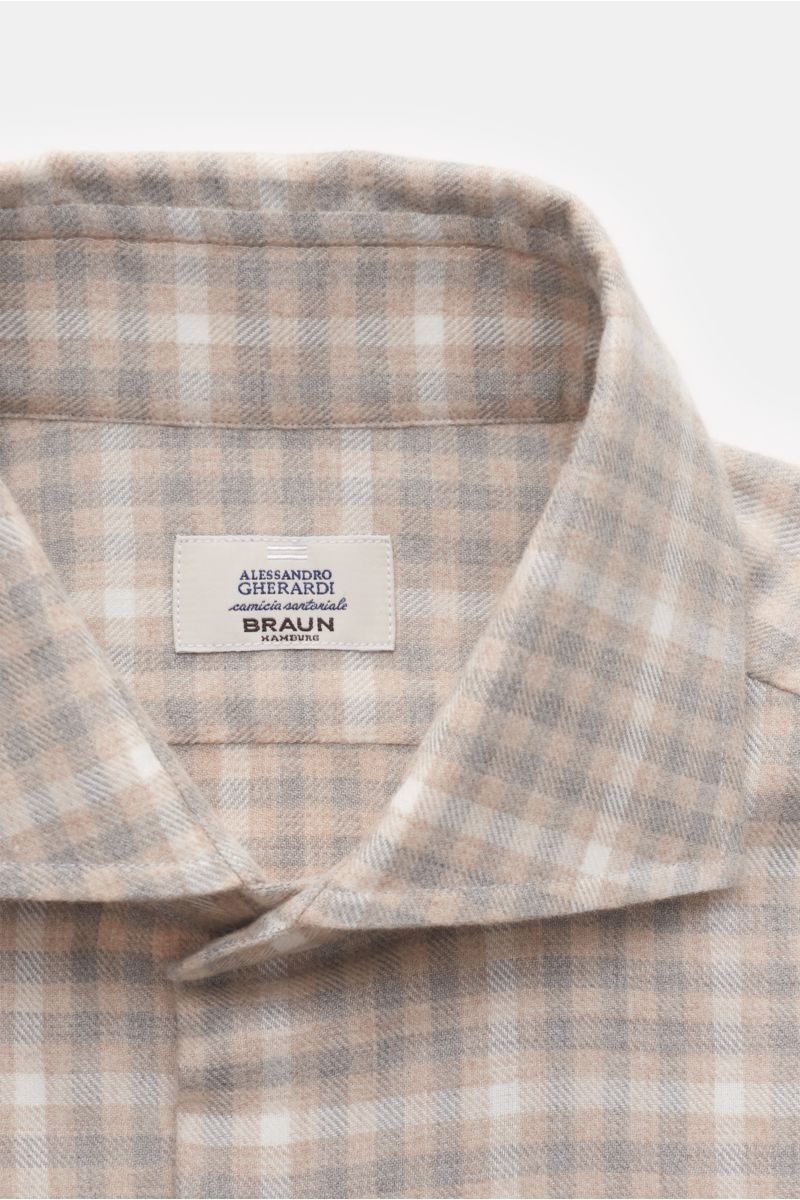 Gherardi Casual shirt shark collar off-white/beige/grey checked