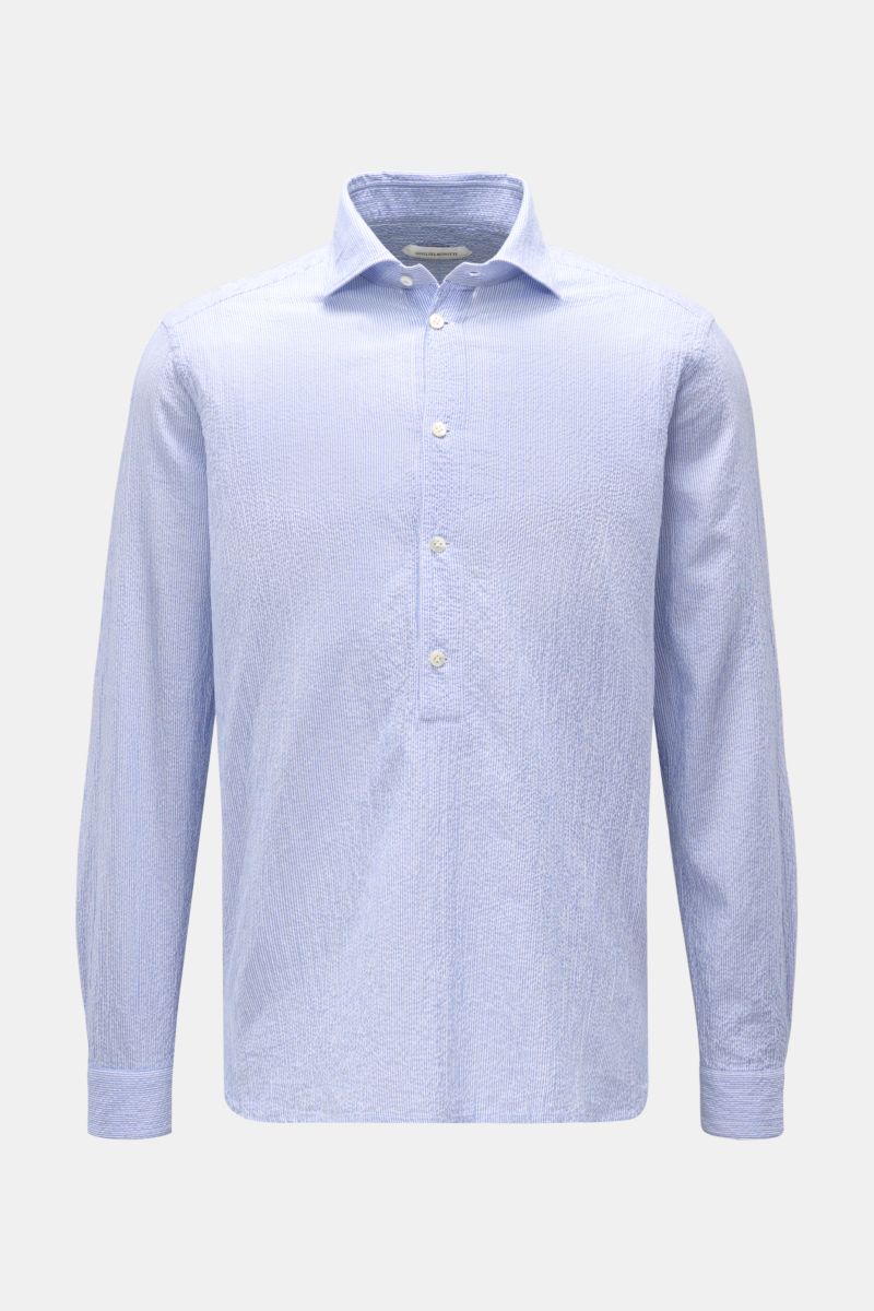 Seersucker Popover-Hemd Haifisch-Kragen blau/weiß gestreift