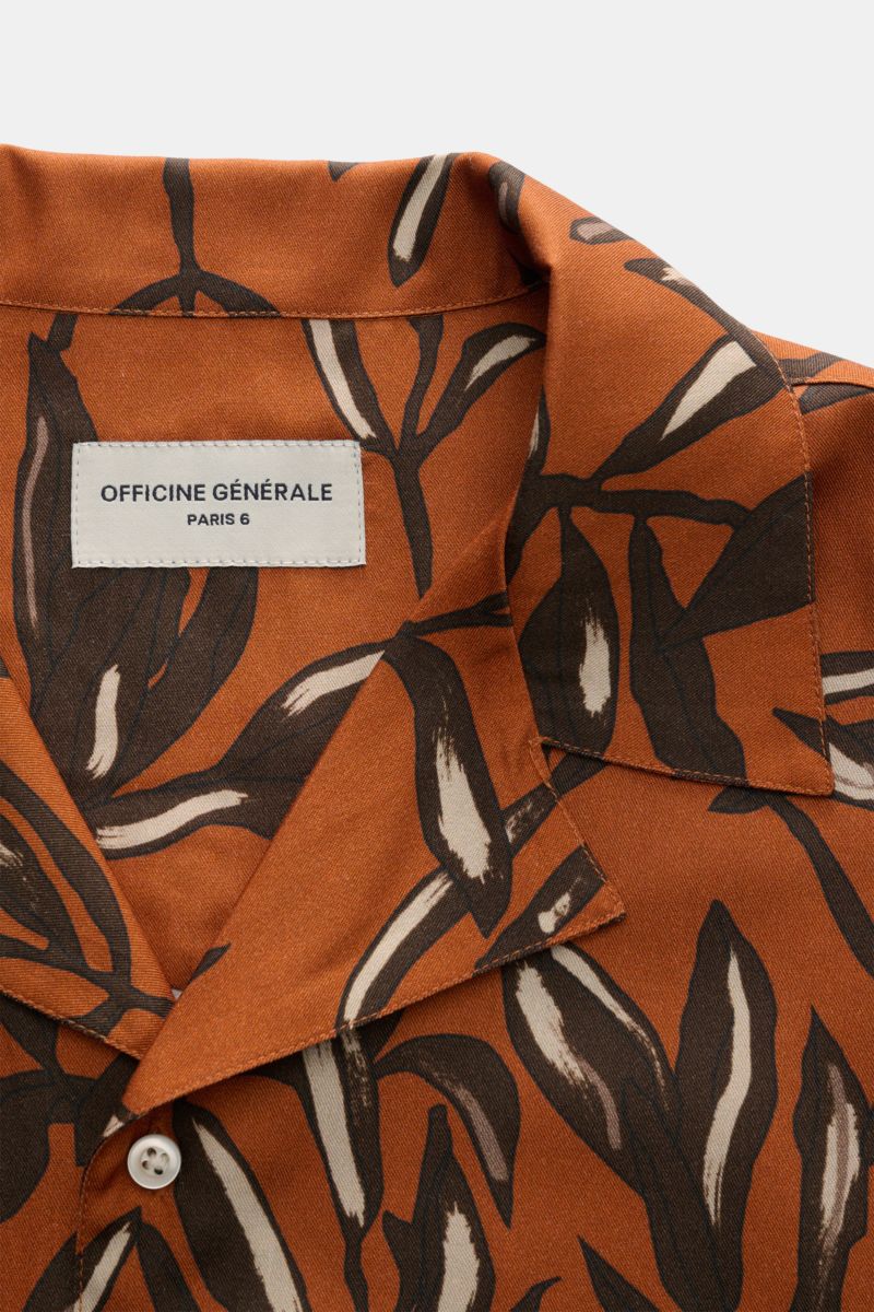Officine Générale Kurzarmhemd 'Eren' Kubanischer Kragen hellbraun/dunkelbraun/sand gemustert