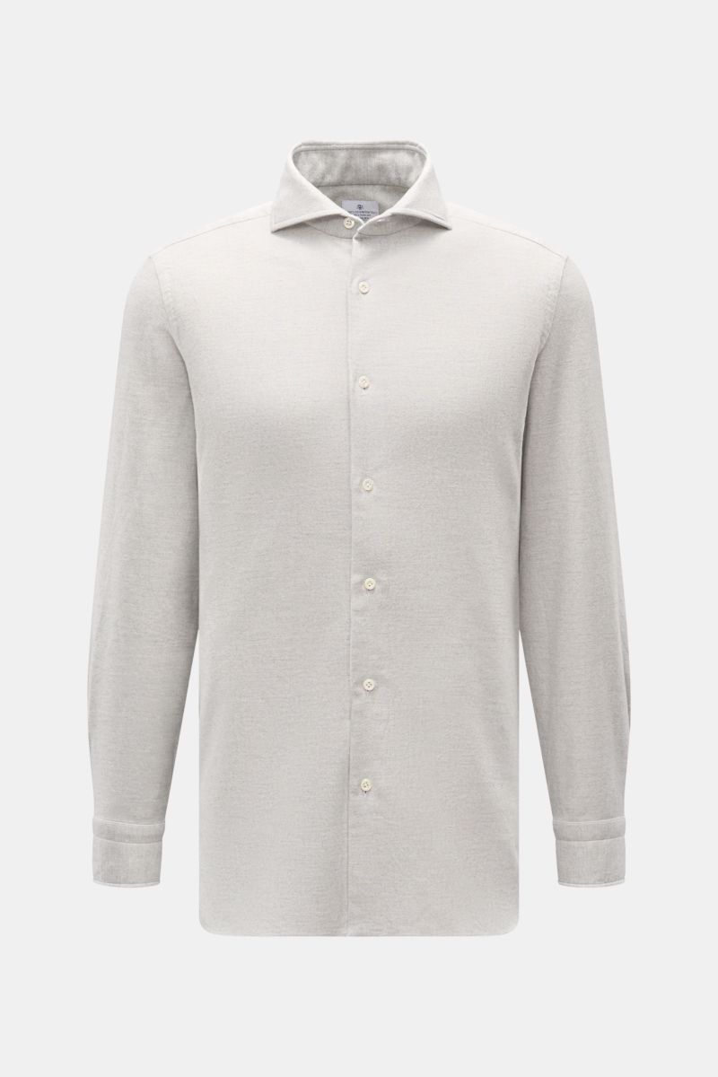 Giampaolo Flanellhemd Haifisch-Kragen hellgrau meliert, frontale Ansicht, Slim Fit, reine Baumwolle, soft, angeraute Oberfläche, französische Knopfleiste, Sportmanschette.