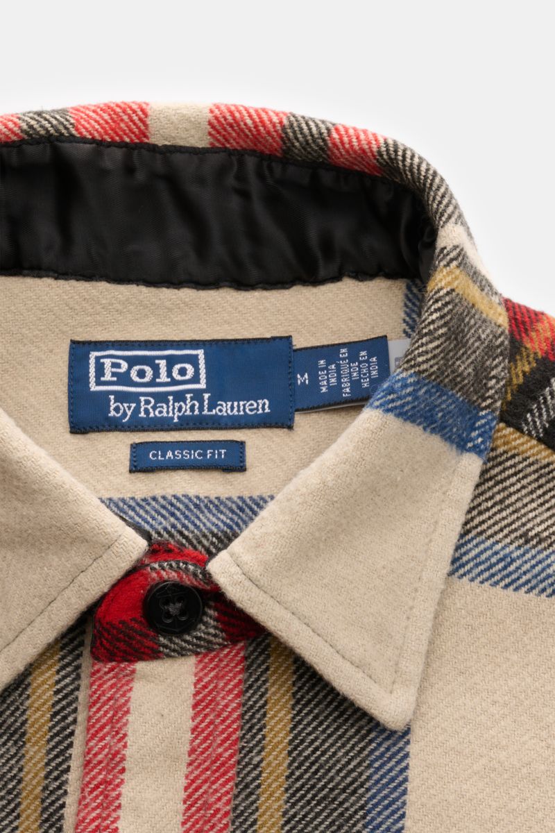 Close-up front view of Polo Ralph Lauren Flannel shirt Kent collar beige/red/dark blue checked, showing soft pure cotton fabric and classic fit label.