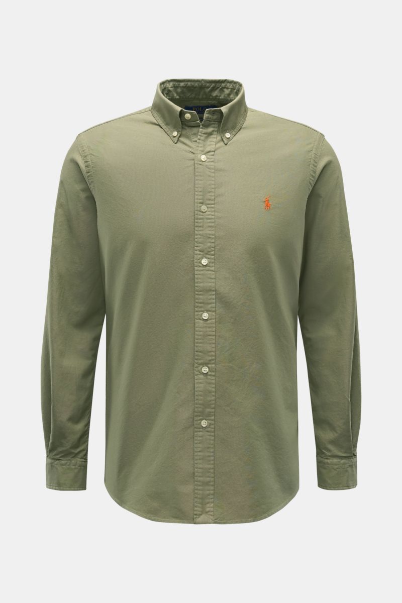 Front view of Polo Ralph Lauren Oxford-Hemd Button-Down-Kragen graugrün, a versatile gray-green cotton shirt with button-down collar, regular fit, button placket, classic sport cuffs, pinch pleat, and rounded hem. Vielseitiger Begleiter für die Herbstsais
