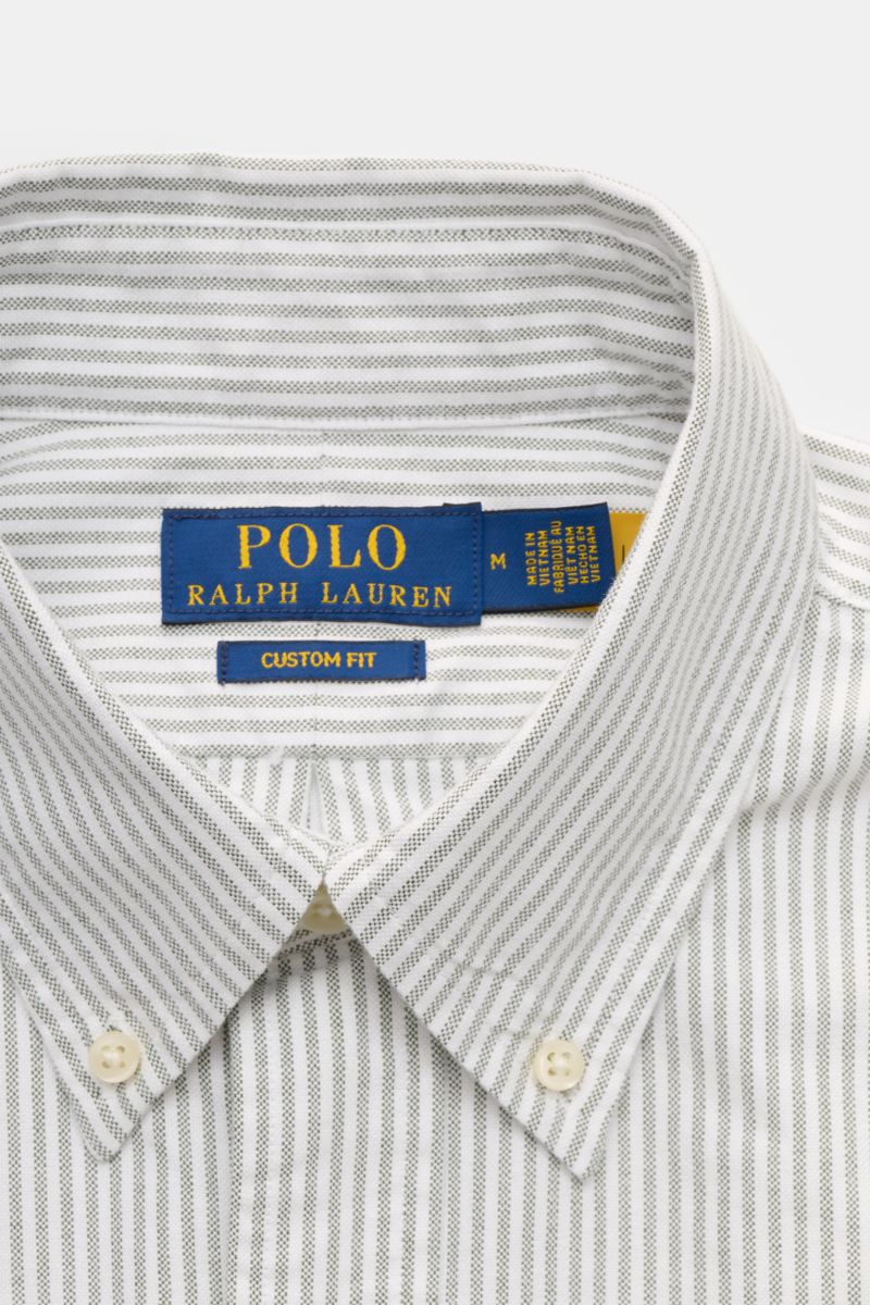 Polo Ralph Lauren Oxford-Hemd Button-Down-Kragen dunkelgrün/weiß gestreift, Nahaufnahme von oben, Baumwolle, Regular Fit, Polospieler-Stitching.