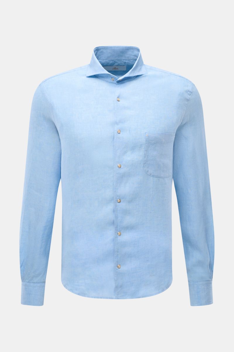 Ace Denim Leinenhemd Haifisch-Kragen hellblau, Slim Fit, leichtes Leinengewebe, Haifischkragen, Druckknöpfe, Frontansicht, gerundeter Saum.