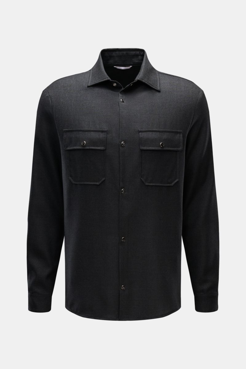 Front view of Marco Pescarolo Casual shirt 'Next' Kent collar anthracite mottled in pure virgin wool, slim fit with soft feel, French button placket, classic barrel cuffs, two flap chest pockets, and straight hem. 

Exclusive casual look with maximum c