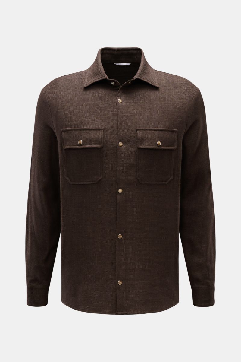 Front view of the Marco Pescarolo Casual Hemd 'Next' Kent-Kragen dunkelbraun, a slim fit dark brown shirt made of wool, linen, and silk with a breathable Panama texture, Kent collar, French placket, elegant snap buttons, classic sport cuffs, two chest poc