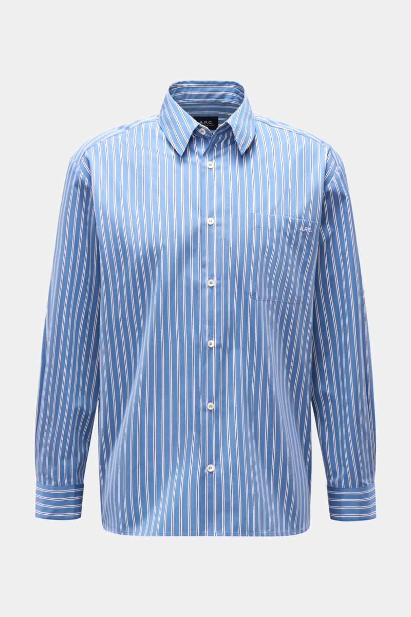 A.P.C. Casual Hemd Kent-Kragen graublau/schwarz/weiß gestreift, frontale Perspektive, Oversized Fit, reine Baumwolle, Brusttasche, französische Knopfleiste, klassische Sportmanschette, leicht gerundeter Saum.