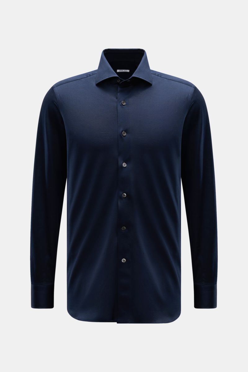 Fray Piqué-Hemd Haifisch-Kragen 'Lione Cucitura' navy shown front view, slim fit cotton piqué shirt with shark collar, sport cuffs.