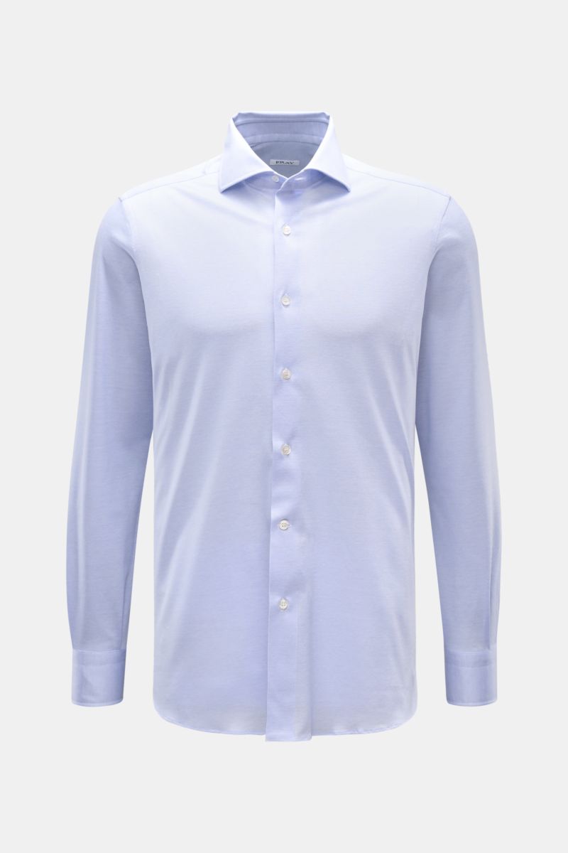 Frontal fotografiertes Fray Piqué-Hemd Haifisch-Kragen 'Lione Cucitura' rauchblau meliert, Slim Fit, reine Baumwolle, klassische Manschette.