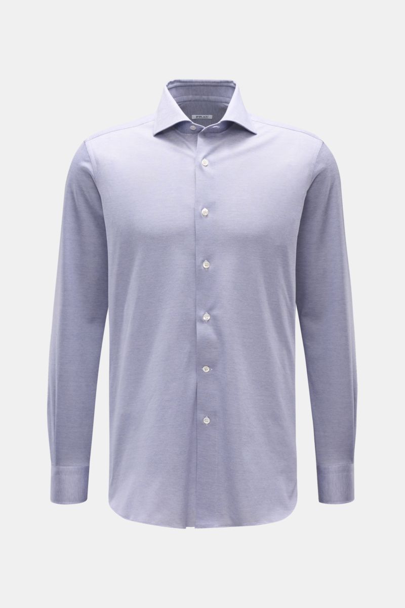 Frontal fotografiertes Fray Piqué-Hemd Haifisch-Kragen 'Lione Cucitura' graublau meliert, Slim Fit, reine Baumwolle, klassischer Saum.