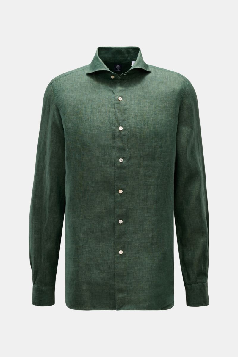 Front view of the Finamore Linen shirt 'Sergio Gaeta' shark collar dark green mottled, made of lightweight linen plain weave fabric with French button placket, classic barrel cuffs, rounded hem, extra-long sleeves, and a soft feel in a comfortable regular