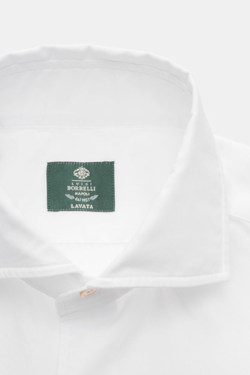 Borrelli Oxford Hemd 'Ettore' Haifisch-Kragen weiß aus reiner Baumwolle, Extra Slim Fit, französische Knopfleiste, Detailansicht von oben