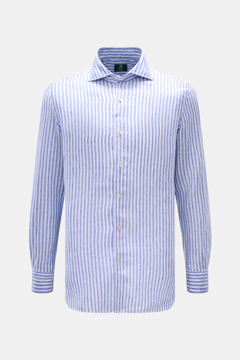 Borrelli Leinenhemd 'Ettore' Haifisch-Kragen blau/weiß gestreift, Slim Fit, reine Leinenqualität, französische Knopfleiste, Sportmanschette, frontale Ansicht.