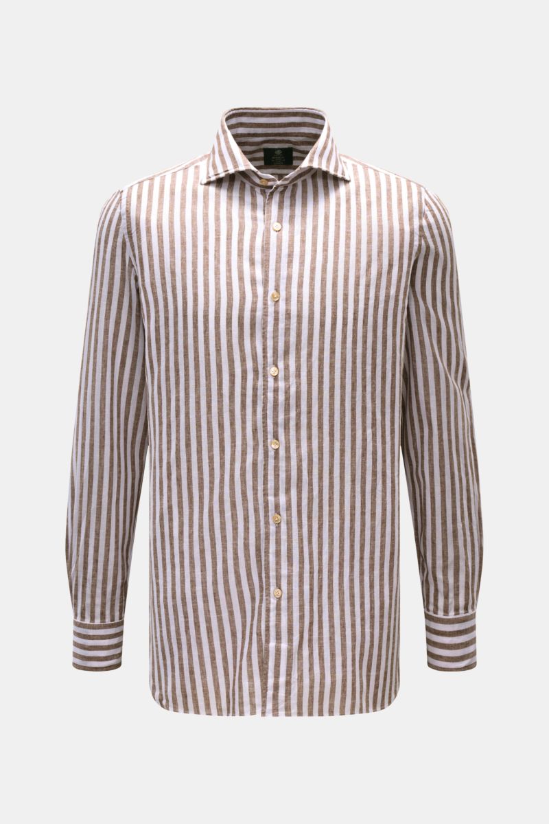 Borrelli Leinenhemd 'Ettore' Haifisch-Kragen braun/weiß gestreift, frontale Ansicht, reines Leinen, Extra Slim Fit, lange Ärmel, französische Knopfleiste, gerundeter Saum.