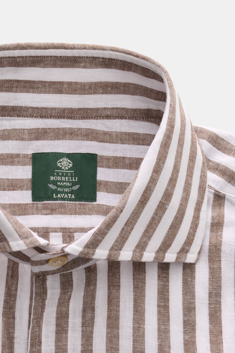 Borrelli Leinenhemd 'Ettore' Haifisch-Kragen braun/weiß gestreift, Detailaufnahme von oben, reines Leinen, luftige Qualität, Extra Slim Fit.