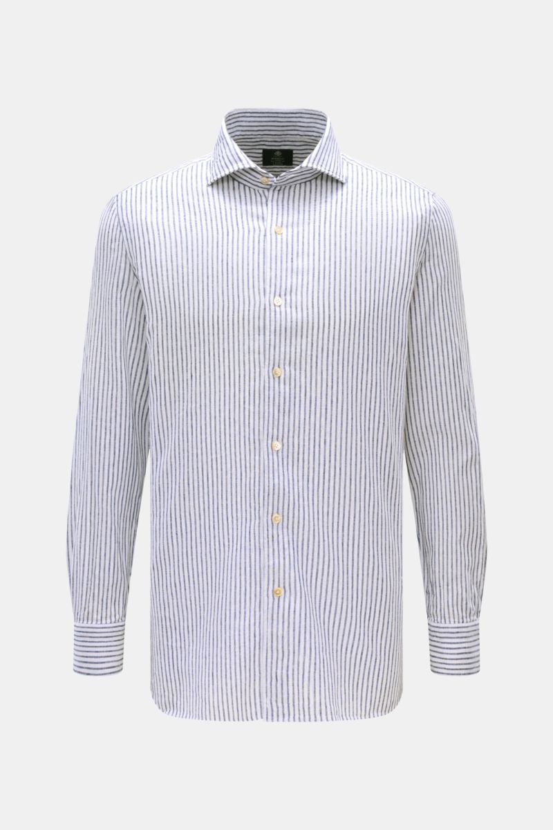 Borrelli Leinenhemd 'Ettore' Haifisch-Kragen navy/weiß gestreift, Extra Slim Fit, reine Leinenqualität, frontale Ansicht mit langen Ärmeln.