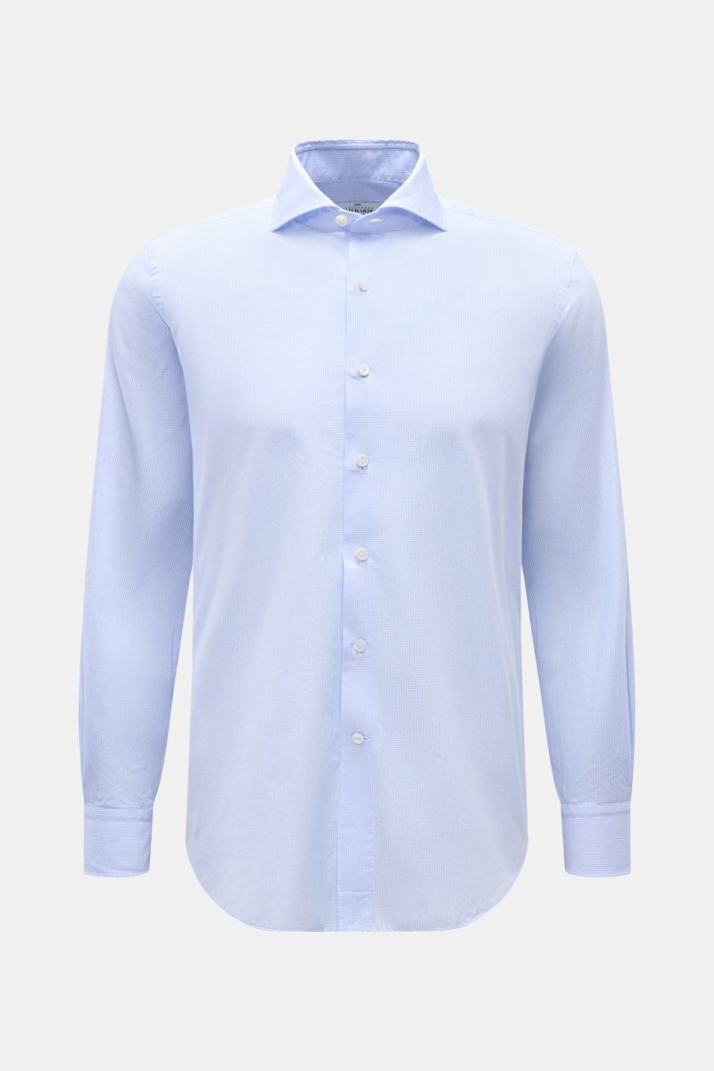 Gherardi Casual Hemd Haifisch-Kragen hellblau/weiß kariert, slim fit, Popeline-Baumwolle, Haifisch-Kragen, französische Knopfleiste, Sportmanschette, vorne frontal fotografiert.