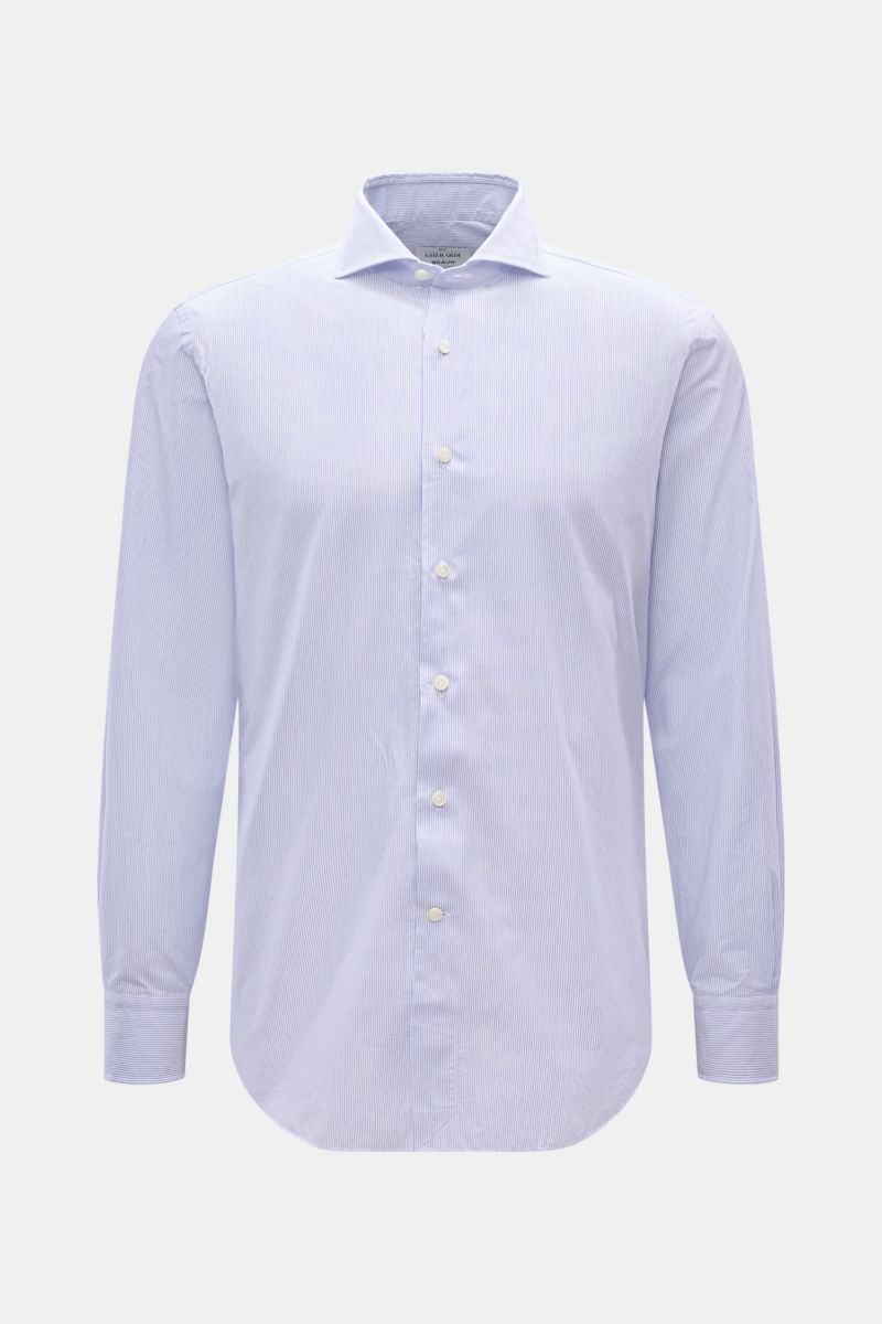 Gherardi Casual Hemd Haifisch-Kragen dunkelblau/weiß gestreift, Slim Fit, Popeline, glatter Griff, Haifisch-Kragen, Sportmanschette, Frontansicht.