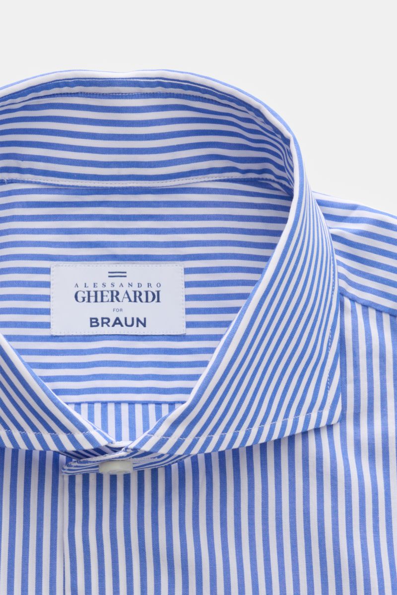 Gherardi Casual Hemd Haifisch-Kragen dunkelblau/weiß gestreift, Slim Fit, Popeline-Baumwolle, Haifisch-Kragen in Nahaufnahme von oben.