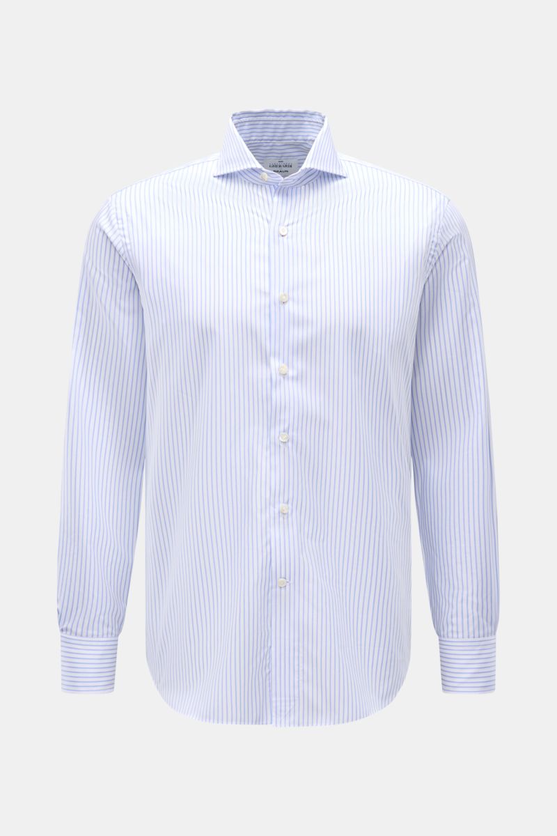 Gherardi Casual Hemd Haifisch-Kragen hellblau/weiß gestreift, Slim Fit, Popeline Baumwolle, Sportmanschette, Frontansicht, leichter Premium-Stoff.
