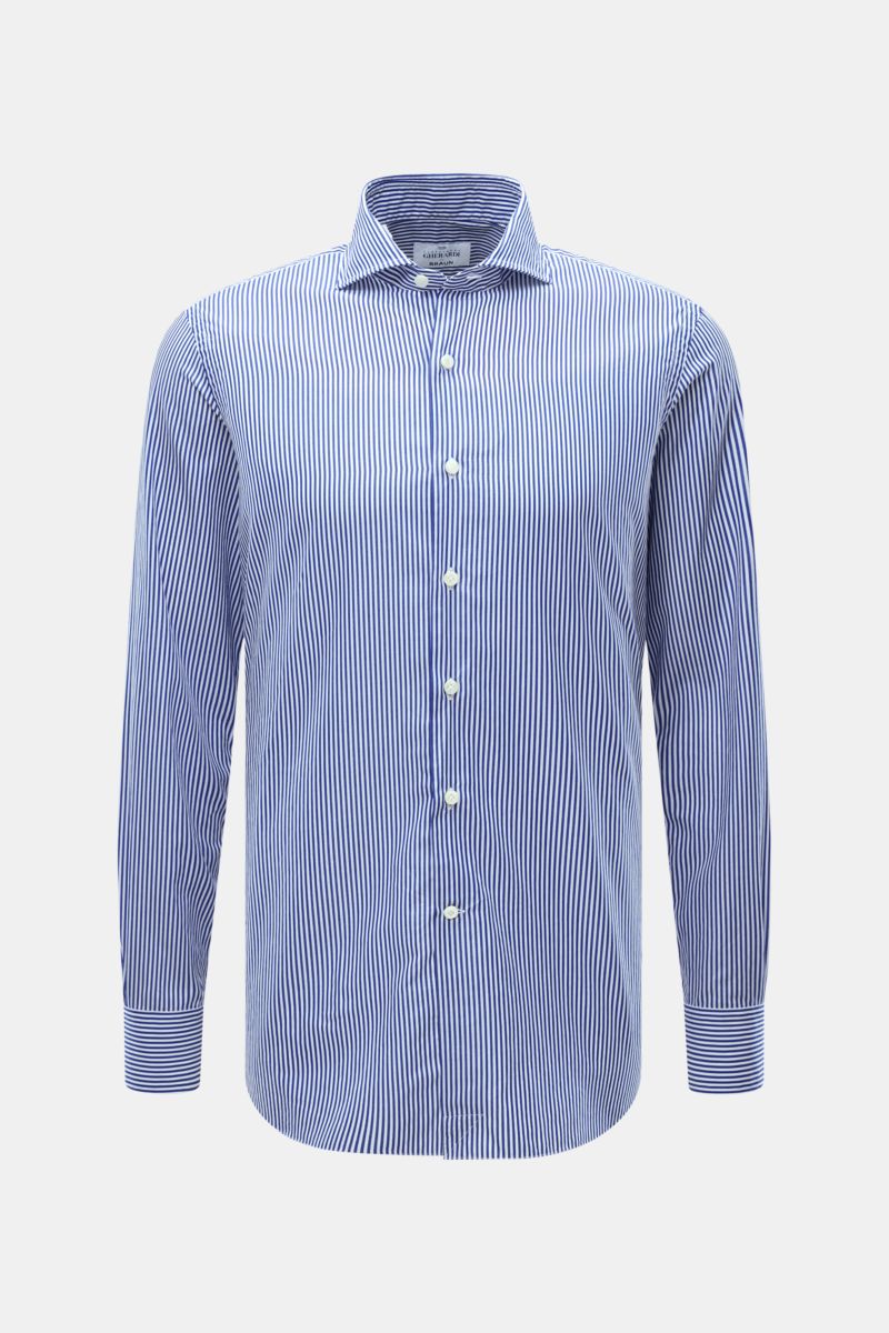 Gherardi Casual Hemd Haifisch-Kragen dunkelblau/weiß gestreift, Slim Fit, Popeline Baumwolle, Haifischkragen, französische Knopfleiste, Frontansicht.