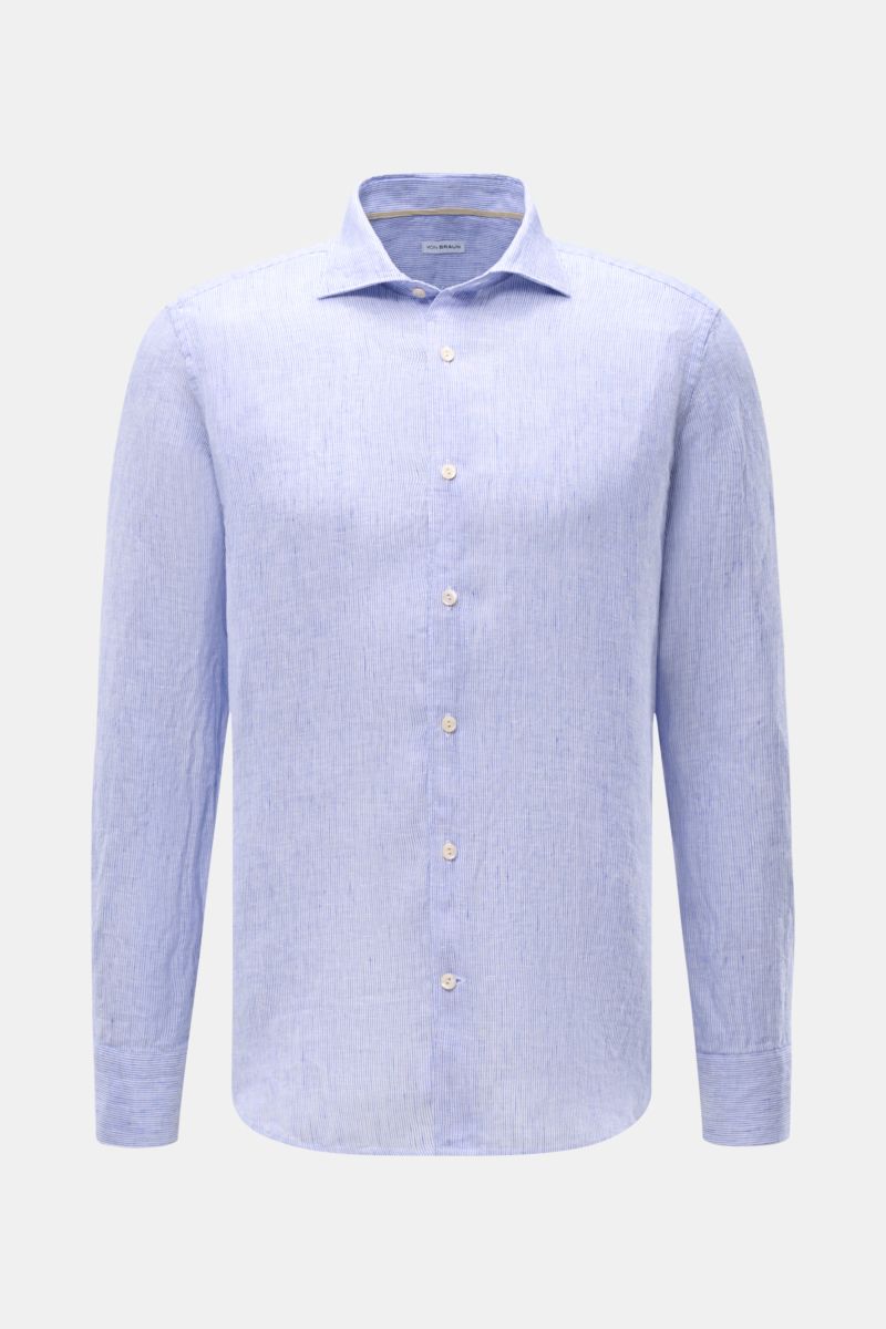 Front view of von Braun Linen shirt shark collar blue/white striped, pure linen with fine stripes, regular fit, French button placket, classic barrel cuffs, and rounded hem. Effortlessly lightweight: This VON BRAUN shirt in pure linen has an airy feel and