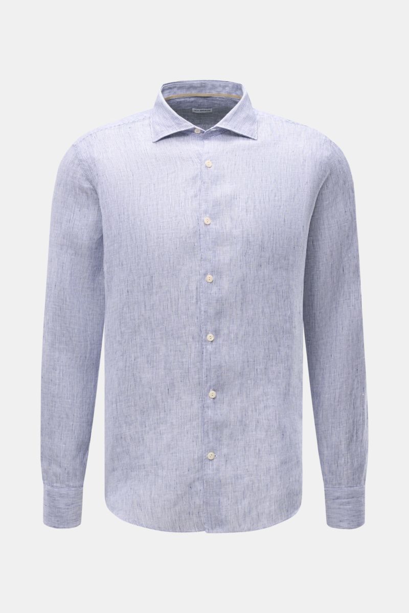 von Braun Leinenhemd Haifisch-Kragen navy/weiß gestreift, Frontansicht, reines Leinen, feines Streifenmuster, Regular Fit, luftig und leicht, entspannter Look.