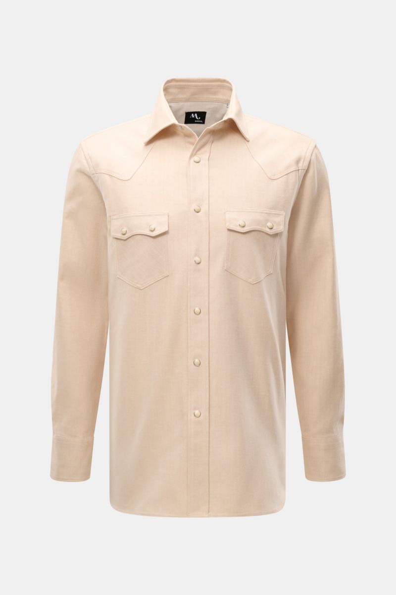 Doppiaa Jeanshemd 'Aariosto' Kent-Kragen sand, Frontansicht, Regular Fit, weiche Baumwolle, Western-Stil mit Perlmutt-Druckknöpfen.