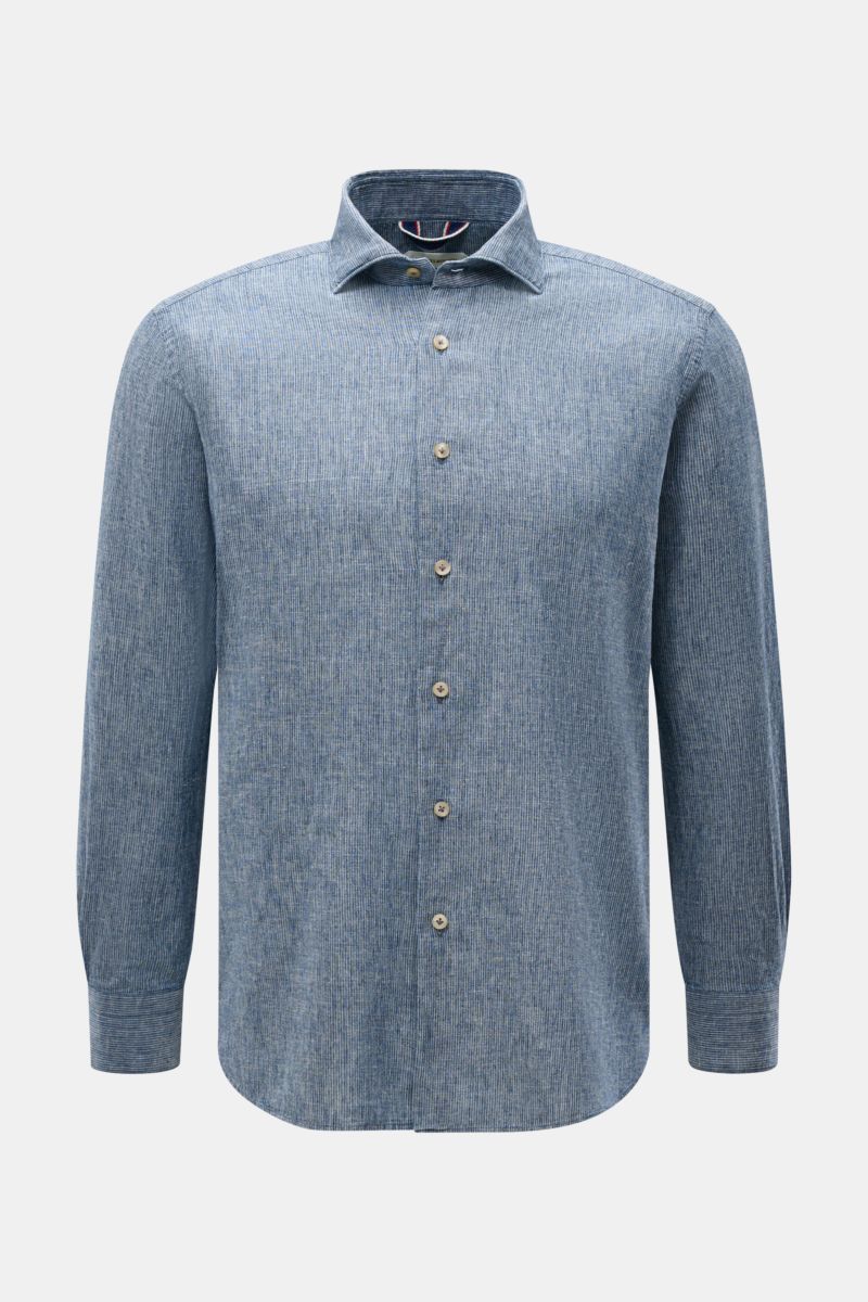 Guglielminotti Casual Hemd Haifisch-Kragen navy gestreift, frontal fotografiert, Leinen-Baumwoll-Mix, Slim Fit, Perlmuttknöpfe, Sportmanschette.