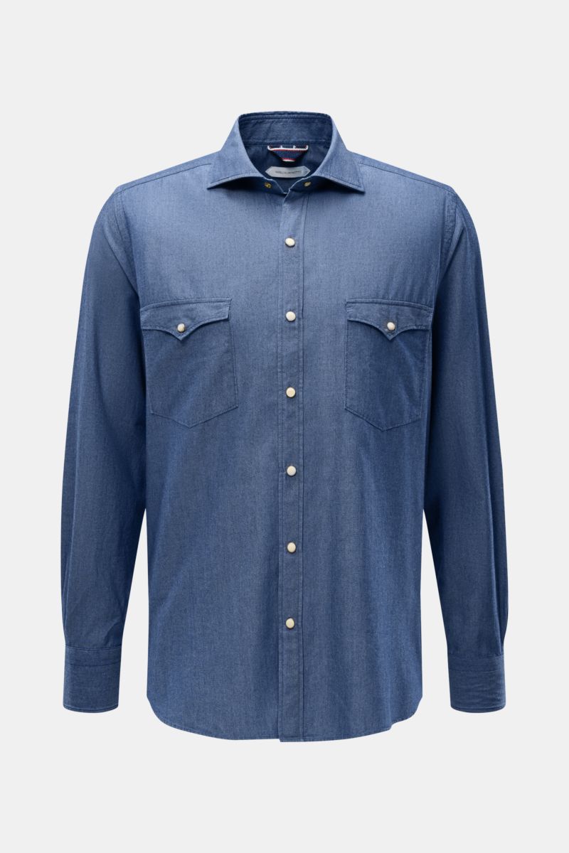 Guglielminotti Chambray shirt shark collar dark blue shown front view, pure cotton oversized fit with patch breast pockets, button placket, classic barrel cuffs, and slightly rounded hem.