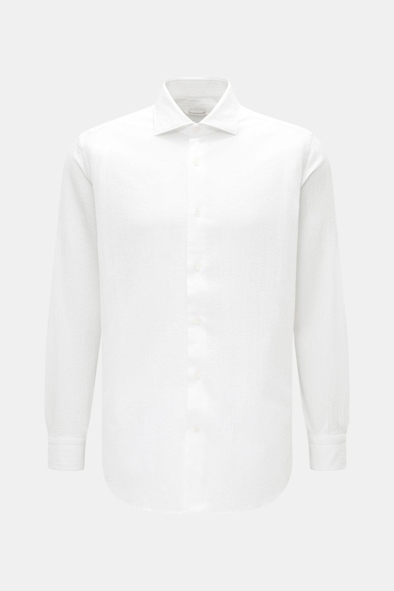Front view of Guglielminotti Casual shirt shark collar white, a slim fit, elasticated cotton shirt with crinkle effect fabric.

Description:  
An elegant casual shirt with a twist: this slim model GUGLIELMINOTTI is made of stretchy cotton with crinkle 