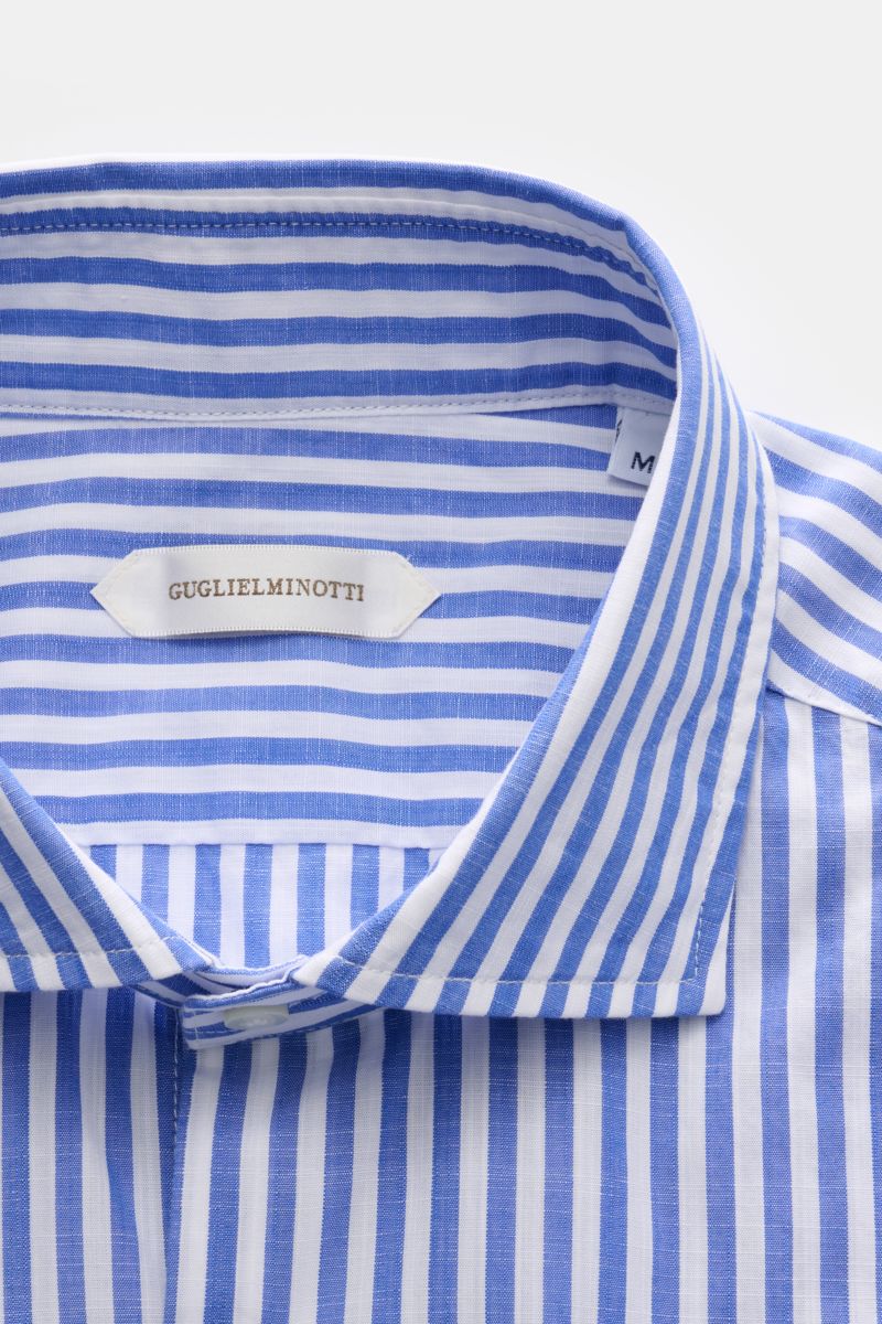 Guglielminotti Casual Hemd Haifisch-Kragen blau/weiß gestreift, Nahaufnahme von oben, reine Baumwolle, Slim Fit, elegante Verarbeitung.