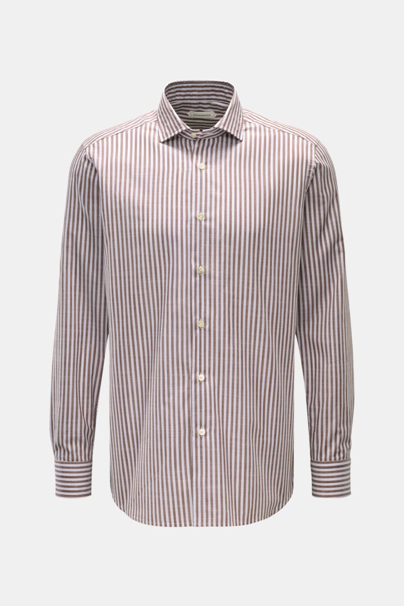Guglielminotti Casual Hemd Haifisch-Kragen braun/weiß gestreift, Slim Fit, reine Baumwolle, Haifisch-Kragen, frontale Perspektive.