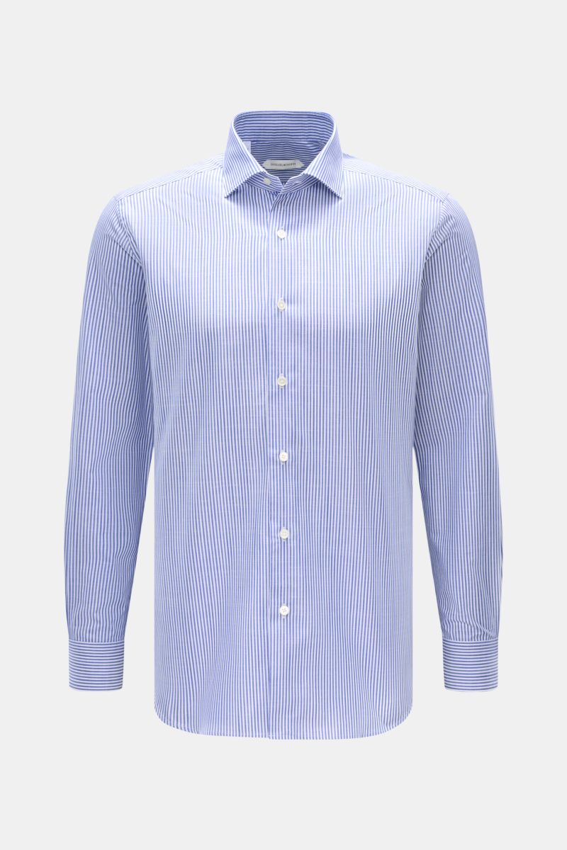 Guglielminotti Casual Hemd Haifisch-Kragen blau/weiß gestreift, Slim Fit, reine Baumwolle, klassische Sportmanschette, frontal fotografiert.