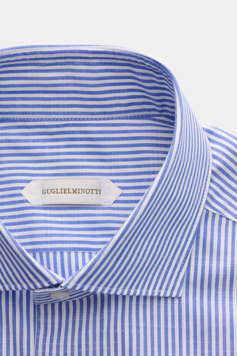 Guglielminotti Casual Hemd Haifisch-Kragen blau/weiß gestreift, Nahaufnahme von oben, reine Baumwolle, Slim Fit, französische Knopfleiste.