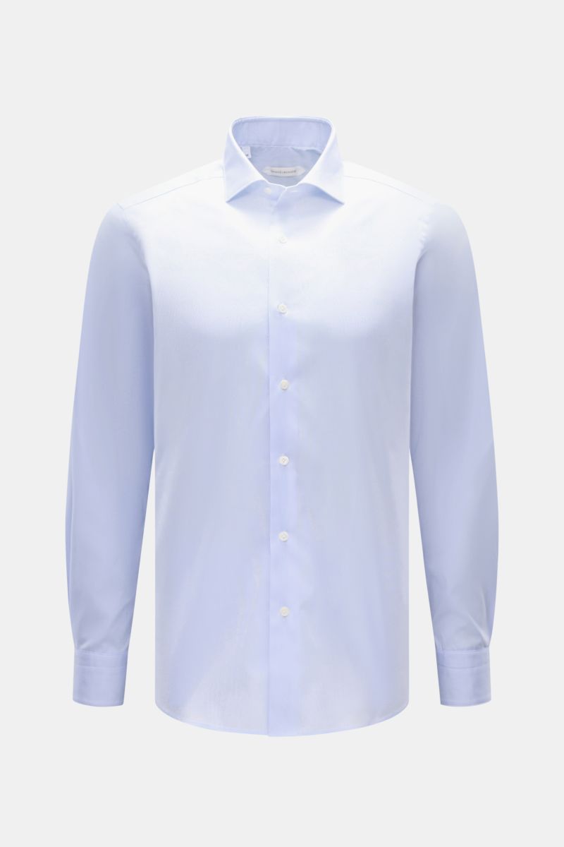 Guglielminotti Casual Hemd Haifisch-Kragen hellblau, Slim Fit, Popeline Baumwolle, französische Knopfleiste, Sportmanschette, frontale Perspektive.