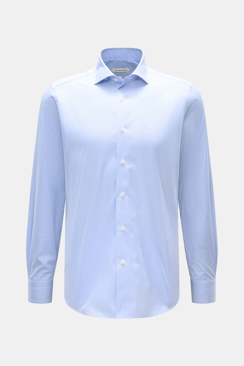 Front view of Guglielminotti Casual shirt shark collar blue/white striped, pure cotton slim fit with shark collar, mother-of-pearl buttons, barrel cuffs, waist darts, and rounded hem 
