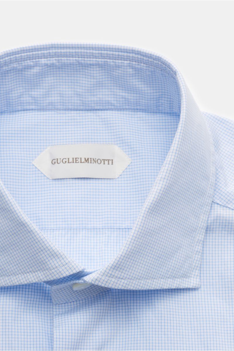 Guglielminotti Casual Hemd Haifisch-Kragen blau/weiß kariert, Nahaufnahme von oben, reine Baumwolle, Slim Fit, glatter Griff