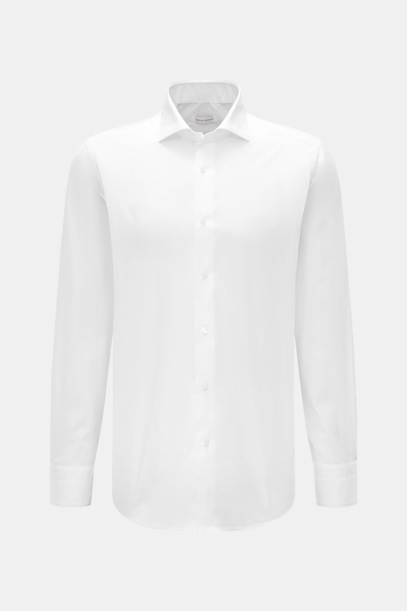 Front view of the Guglielminotti Casual shirt shark collar white, a slim fit pure cotton shirt with a shark collar, French button placket, barrel cuffs, waist darts, and rounded hem, photographed against a plain background.

