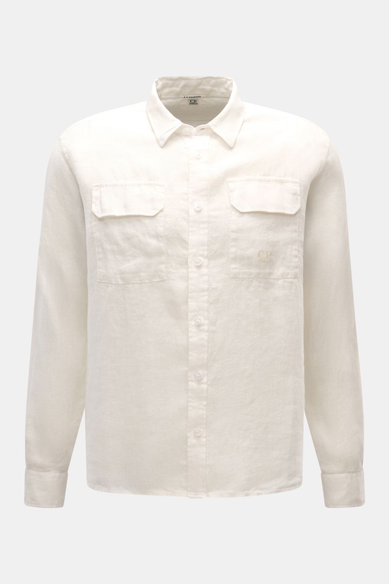 C.P. Company Linen shirt slim collar off-white shown from front, pure linen fabric with soft feel, garment-dyed, narrow collar, patch button placket, two breast pockets with flaps, logo print on right pocket, classic barrel cuffs, rounded hem with slightl