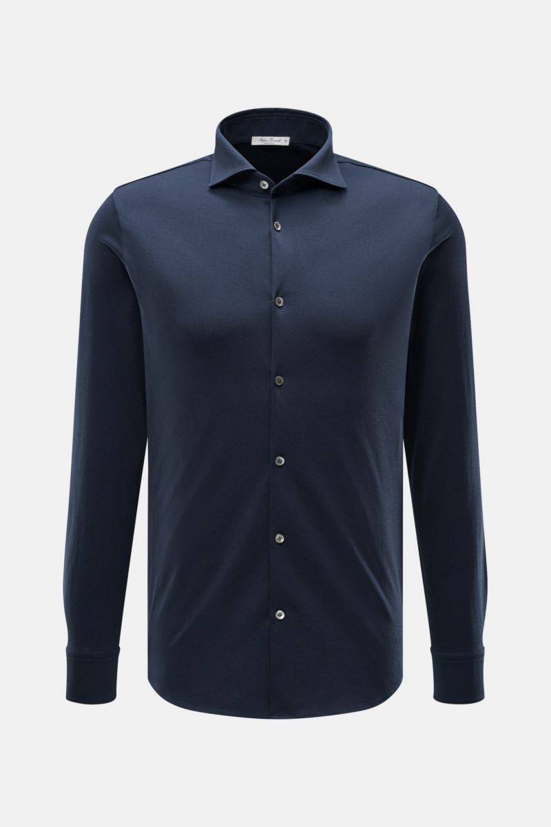 Front view of Stefan Brandt Jersey-Hemd 'Otis' Haifisch-Kragen dunkelblau in dark blue, slim fit with soft, smooth pure Pima cotton jersey fabric, shark collar, French placket, classic sport cuffs, and rounded hem. Flexibler, geschmeidiger Jersey aus rein