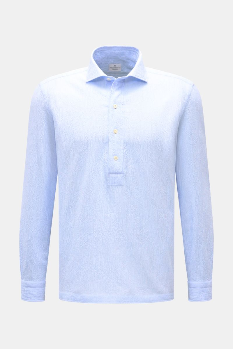 Giampaolo Seersucker Popover-Hemd Haifisch-Kragen hellblau/weiß gestreift, frontal, Baumwolle, elastisch, Regular Fit, Quetschfalte, gerader Saum.